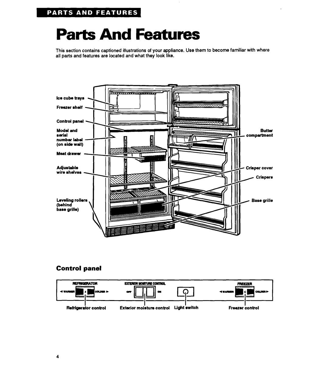 Whirlpool RT18HK warranty Parts And Features, Control panel 