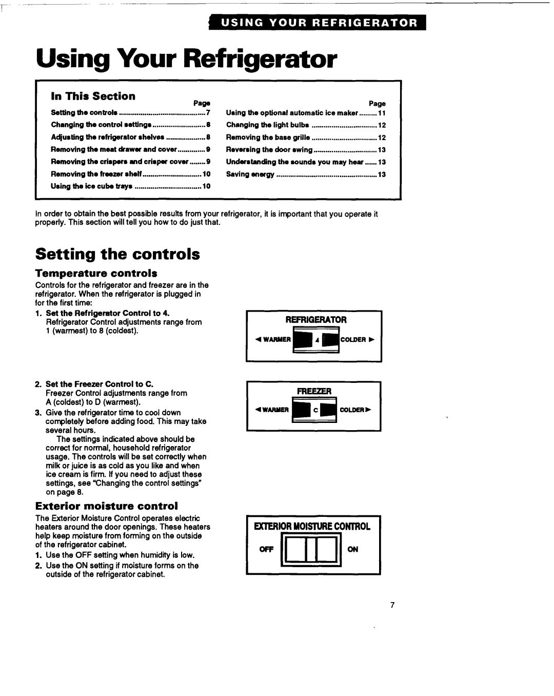 Whirlpool RT18HK warranty Using Your Refrigerator, Setting the controls, This Section Paw, Temperature controls 