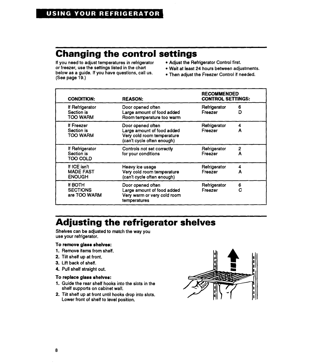 Whirlpool RT18HK warranty Changing the control, Settings, Adjusting the refrigerator shelves 