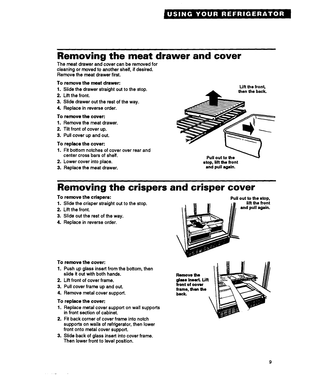 Whirlpool RT18HK warranty Removing the meat drawer, Cover, Removing the crispers and crisper cover 