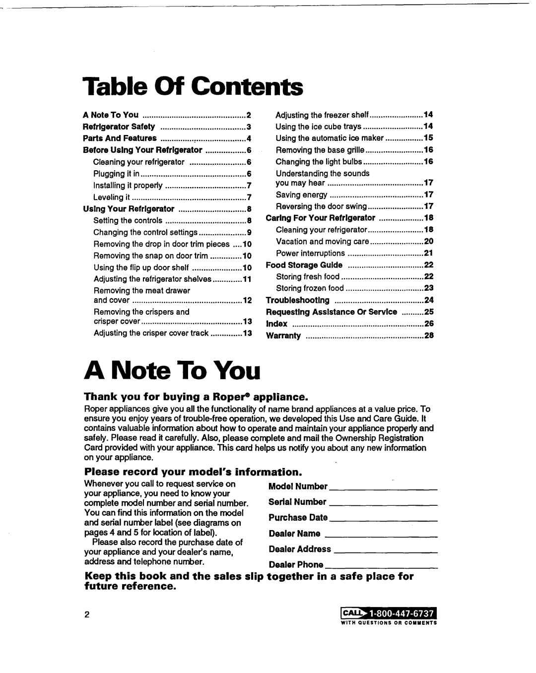 Whirlpool RT20DKXDN00 warranty Table Of Contents 