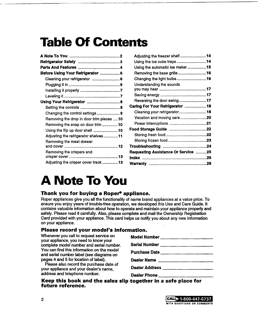 Whirlpool RT20DKXDN00 warranty Table Of Contents, A Note To You, Thank you for buying a Roper@ appliance, future reference 