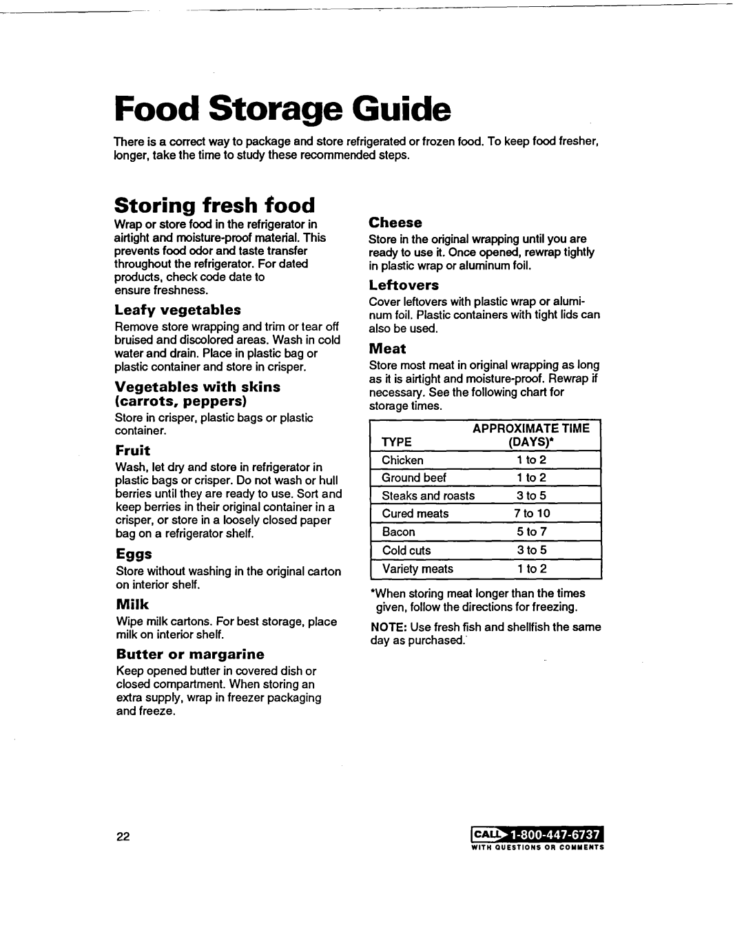 Whirlpool RT20DKXDN00 Food Storage Guide, Storing fresh food, Leafy vegetables, Vegetables with skins carrots, peppers 