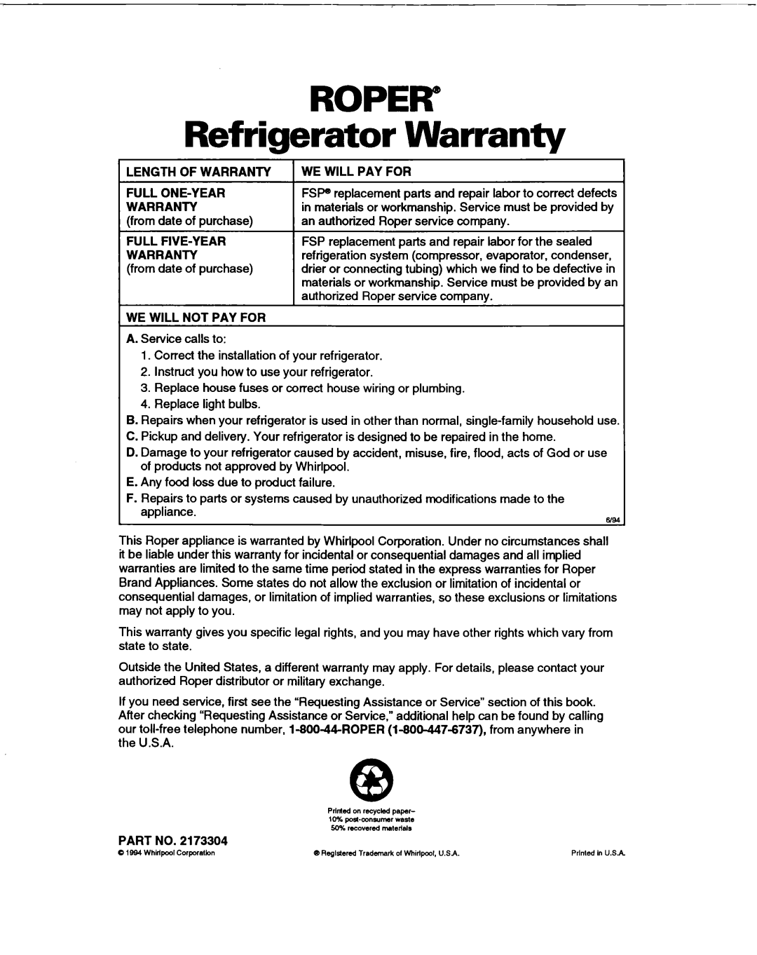Whirlpool RT20DKXDN00 ROPER” Refrigerator Warranty, Length Of Warranty, We Will Pay For, Full One-Year, Full Five-Year 