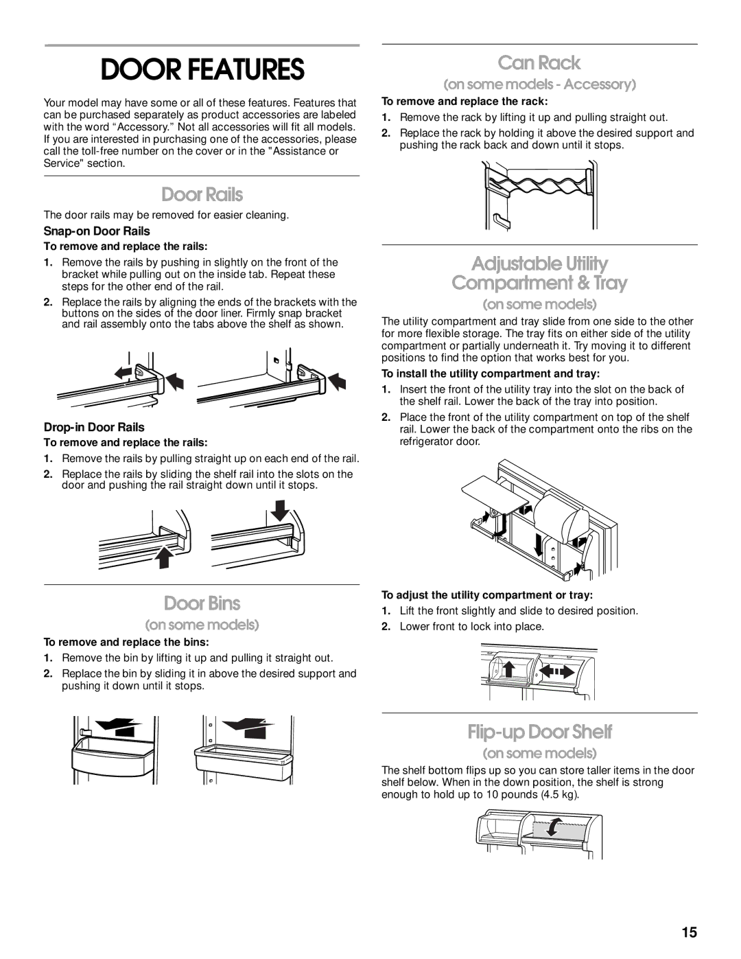 Whirlpool RT21LMXJW00 manual Door Features 