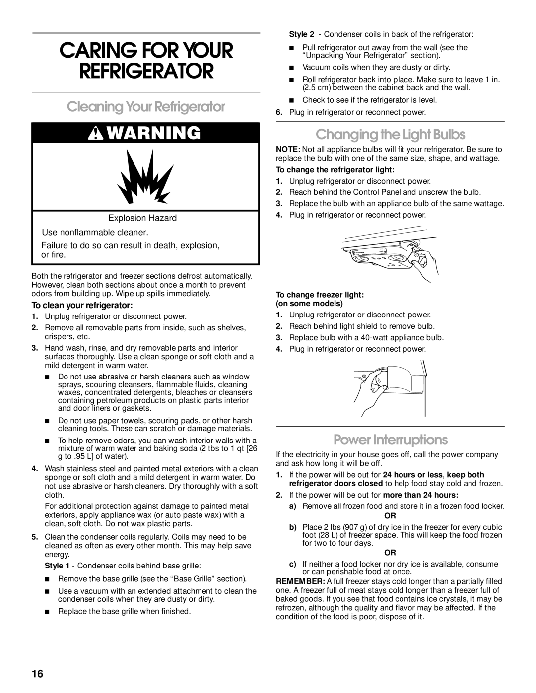 Whirlpool RT21LMXJW00 manual Caring for Your Refrigerator, Cleaning Your Refrigerator, Changing the Light Bulbs 