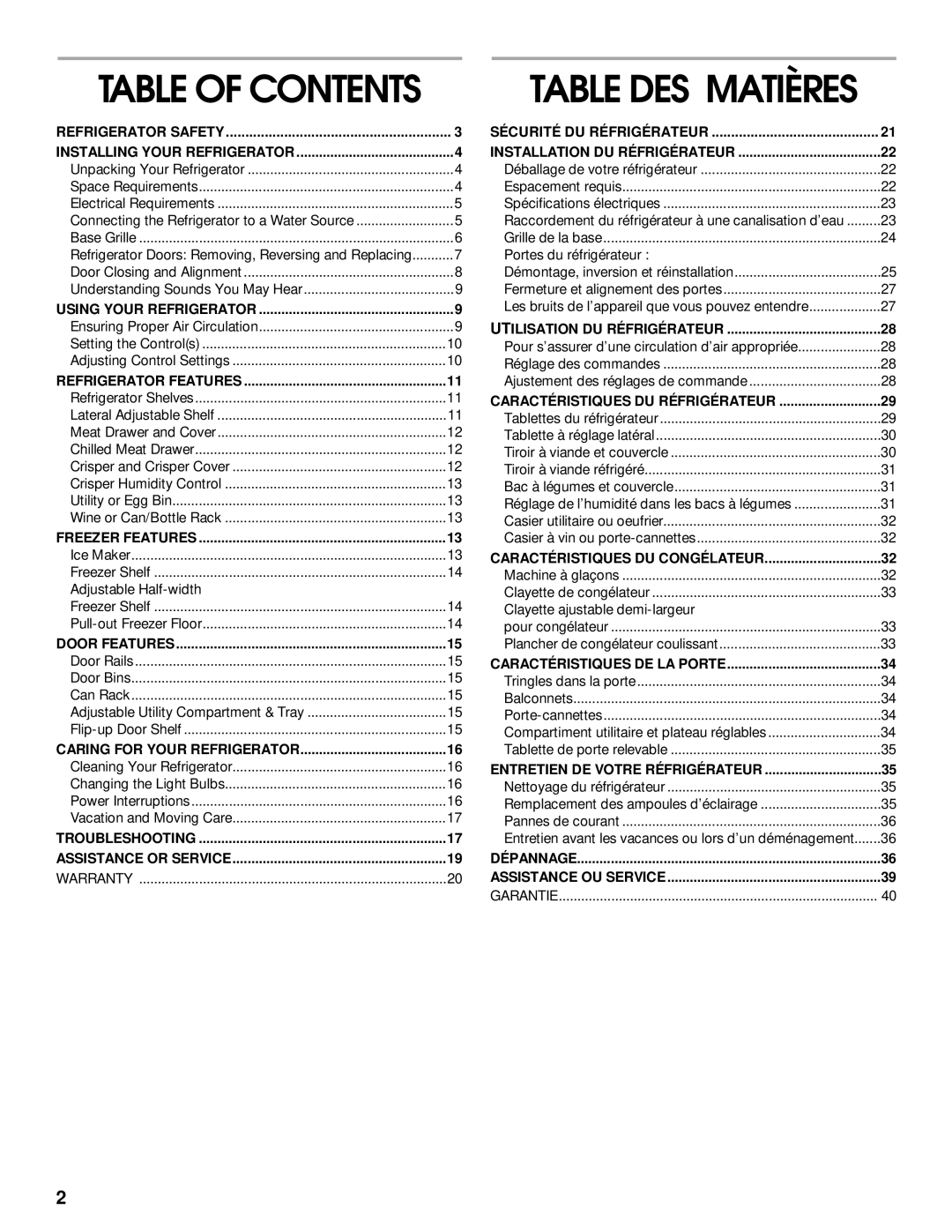 Whirlpool RT21LMXJW00 manual Table of Contents 