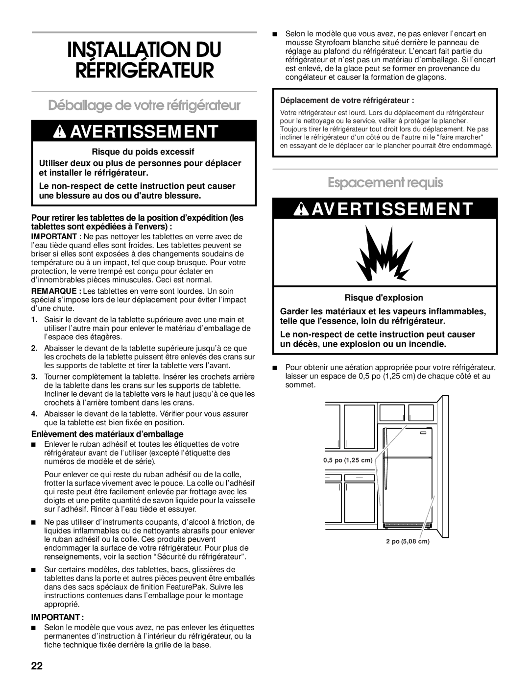 Whirlpool RT21LMXJW00 manual Installation DU Réfrigérateur, Déballage de votre réfrigérateur, Espacement requis 