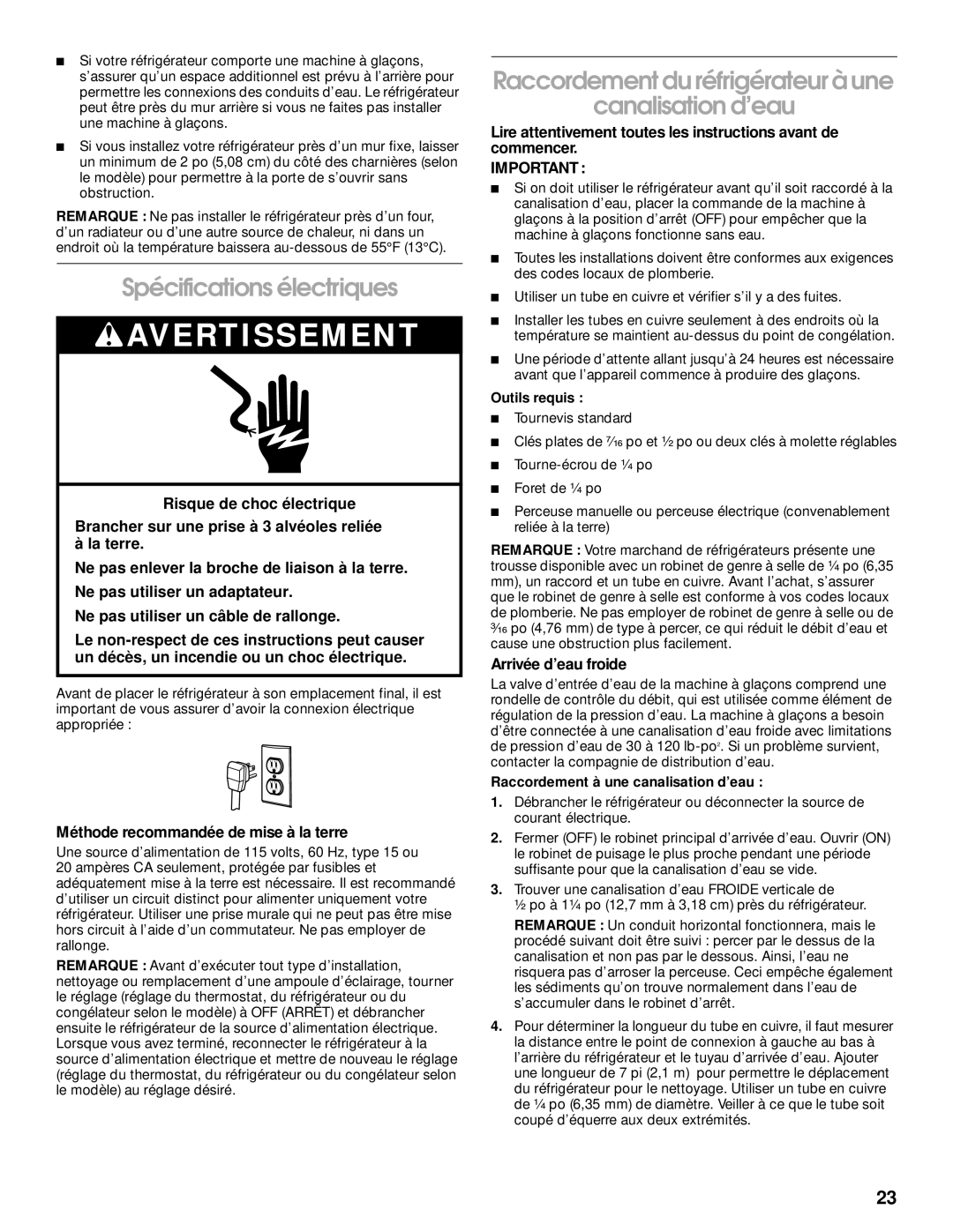 Whirlpool RT21LMXJW00 manual Spécifications électriques, Raccordement du réfrigérateurà une Canalisation d’eau 