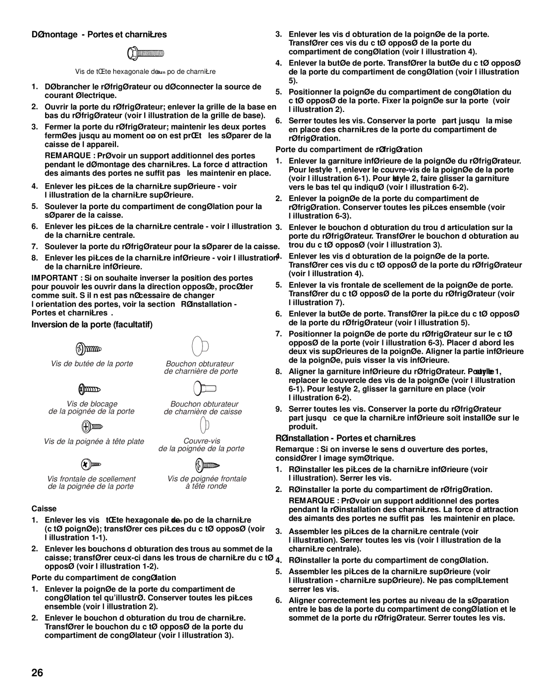 Whirlpool RT21LMXJW00 manual Démontage Portes et charnières, Inversion de la porte facultatif 