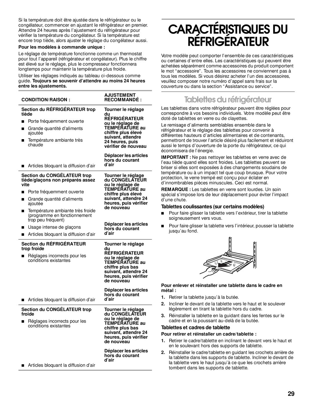 Whirlpool RT21LMXJW00 manual Caractéristiques DU Réfrigérateur, Tablettes du réfrigérateur, Tablettes et cadres de tablette 