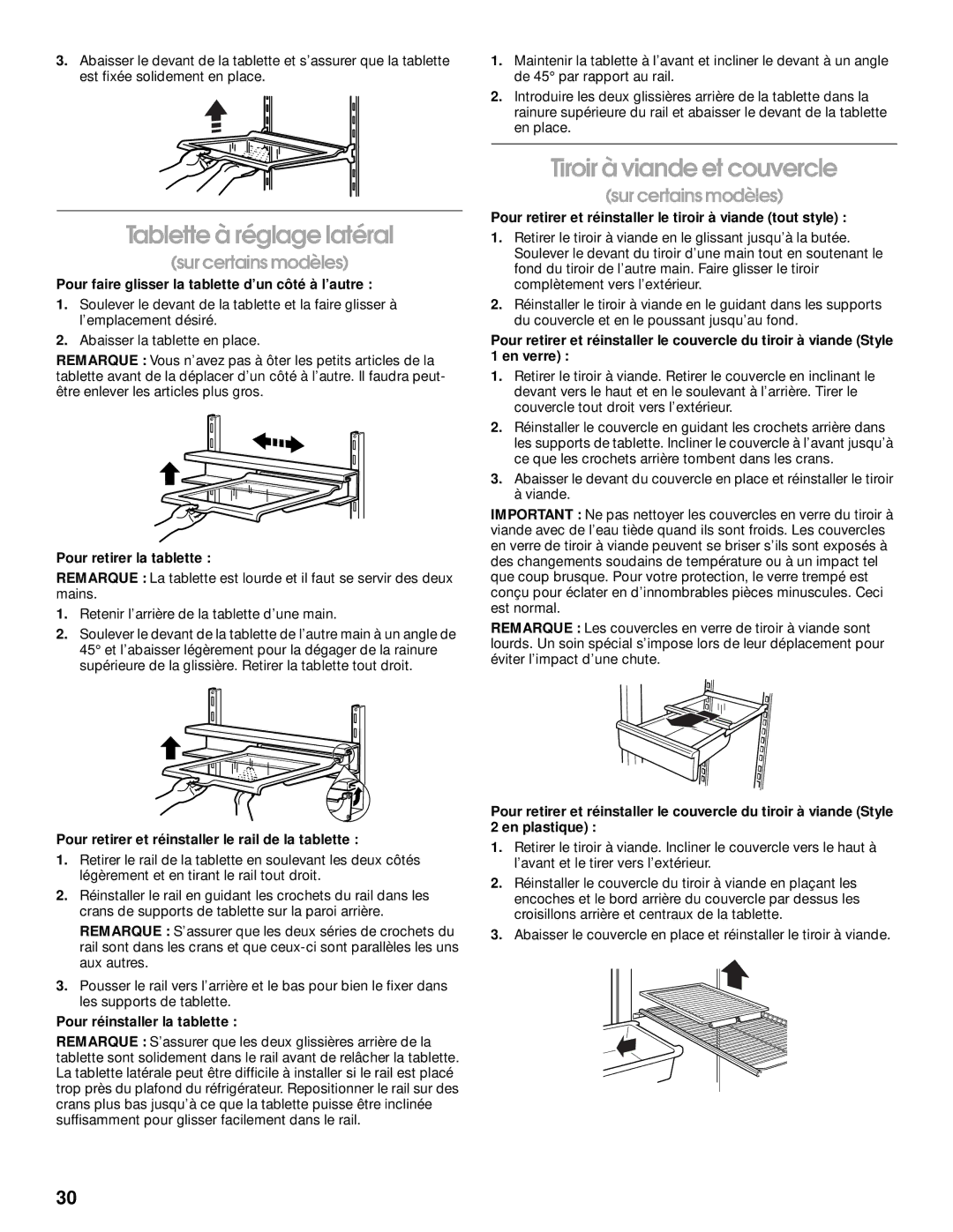 Whirlpool RT21LMXJW00 manual Tablette à réglage latéral, Tiroir à viande et couvercle, Sur certains modèles 