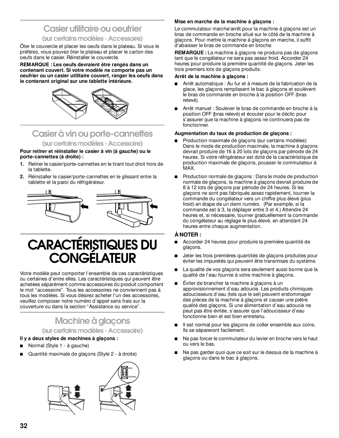 Whirlpool RT21LMXJW00 manual Congélateur, Casier utilitaire ou oeufrier, Casier à vin ou porte-cannettes, Machine à glaçons 