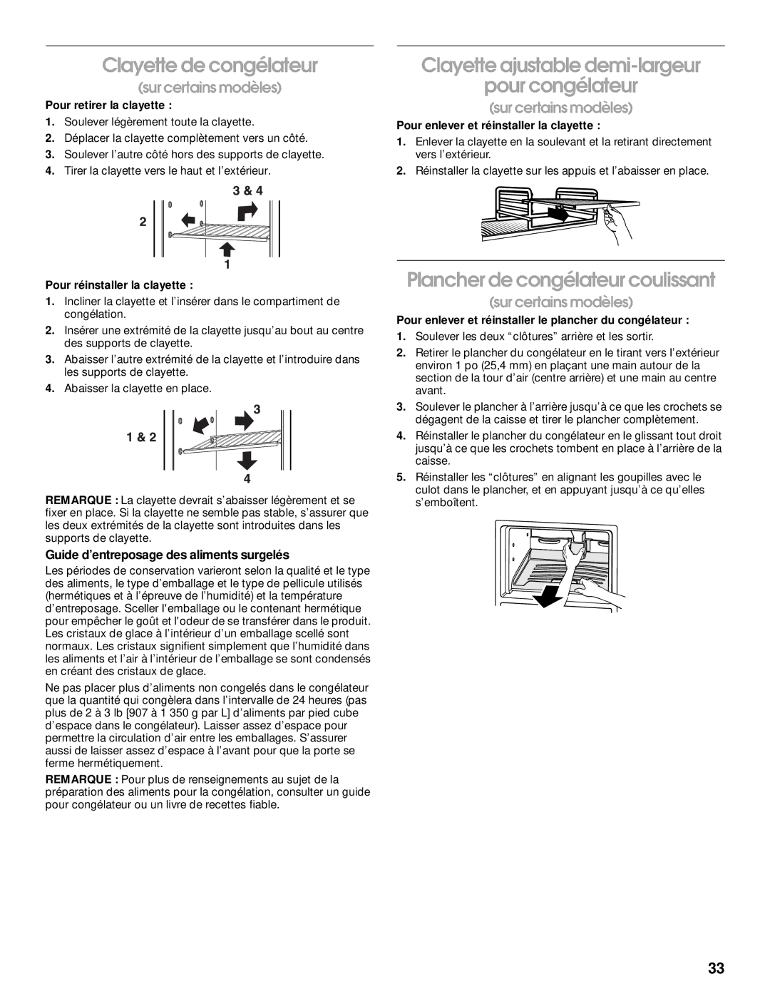 Whirlpool RT21LMXJW00 manual Clayette de congélateur, Clayette ajustable demi-largeur Pour congélateur 