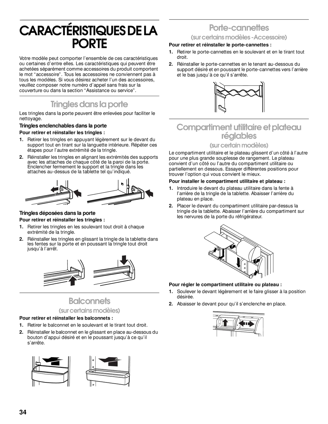 Whirlpool RT21LMXJW00 manual Tringles dans la porte, Balconnets, Porte-cannettes 