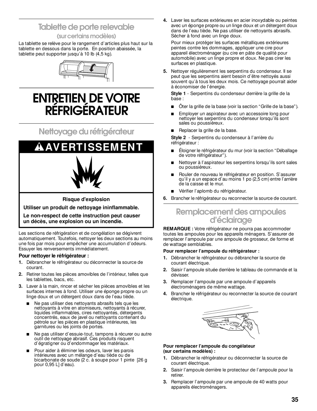 Whirlpool RT21LMXJW00 manual Tablette de porte relevable, Nettoyage du réfrigérateur, Remplacement des ampoules ’éclairage 