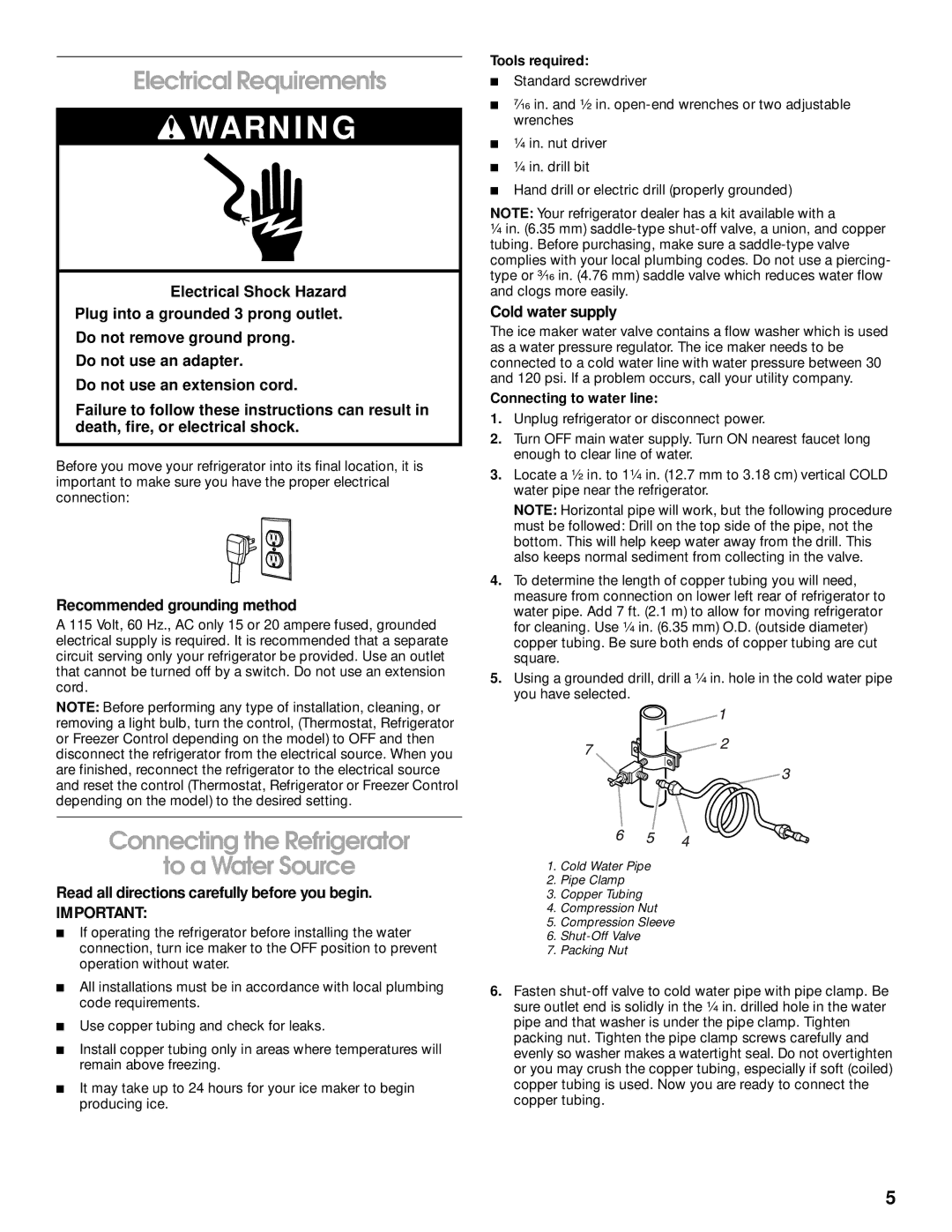 Whirlpool RT21LMXJW00 Electrical Requirements, Connecting the Refrigerator To a Water Source, Recommended grounding method 