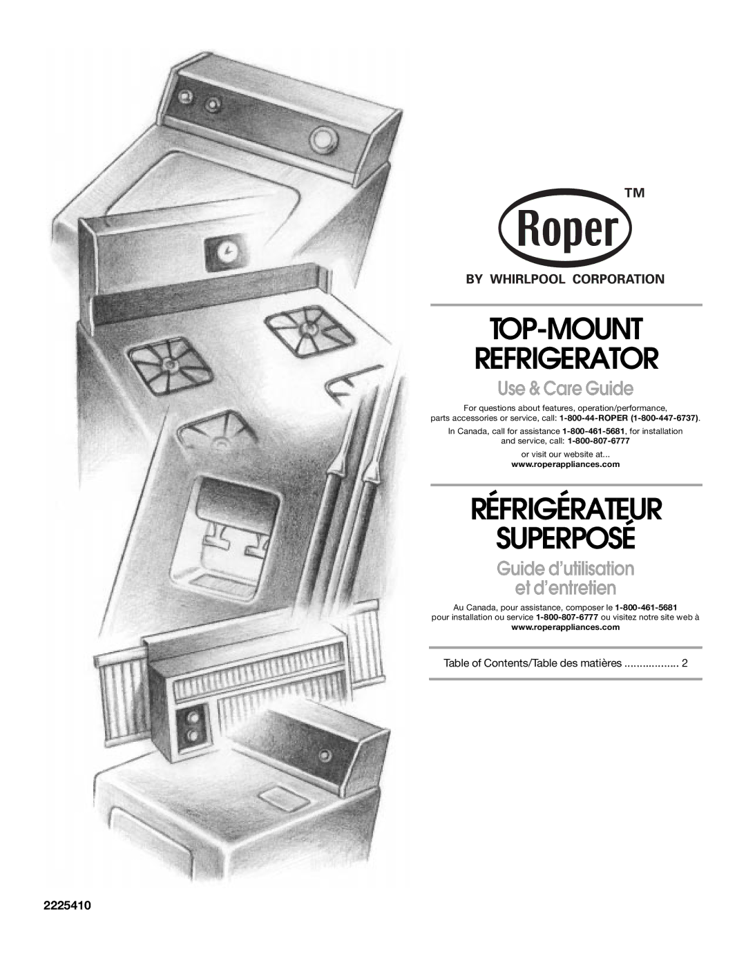 Whirlpool RT21LMXKQ00 manual TOP-MOUNT Refrigerator, Réfrigérateur Superposé, Use & Care Guide, 2225410 