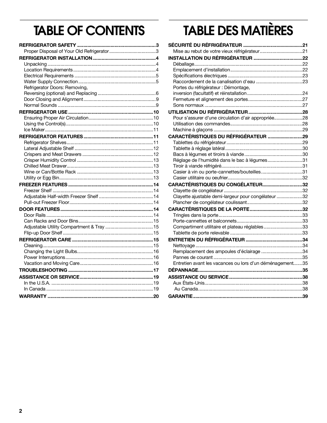 Whirlpool RT21LMXKQ00 manual Table of Contents 