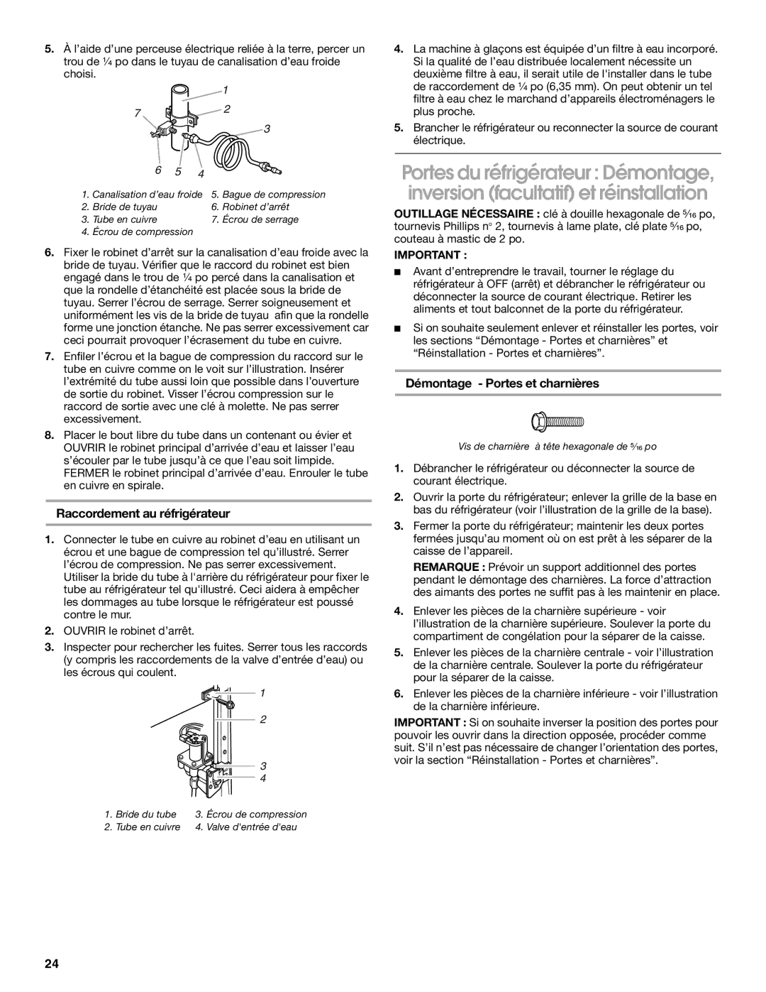 Whirlpool RT21LMXKQ00 manual Raccordement au réfrigérateur, Démontage Portes et charnières 