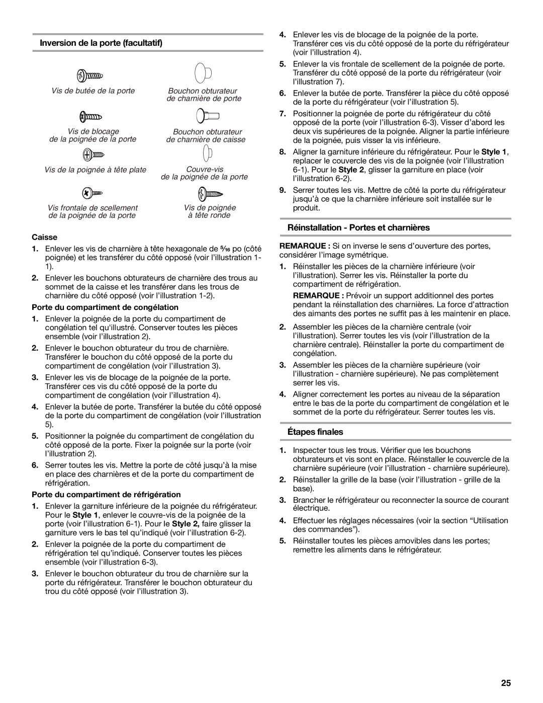 Whirlpool RT21LMXKQ00 manual Inversion de la porte facultatif, Réinstallation Portes et charnières, Étapes finales 