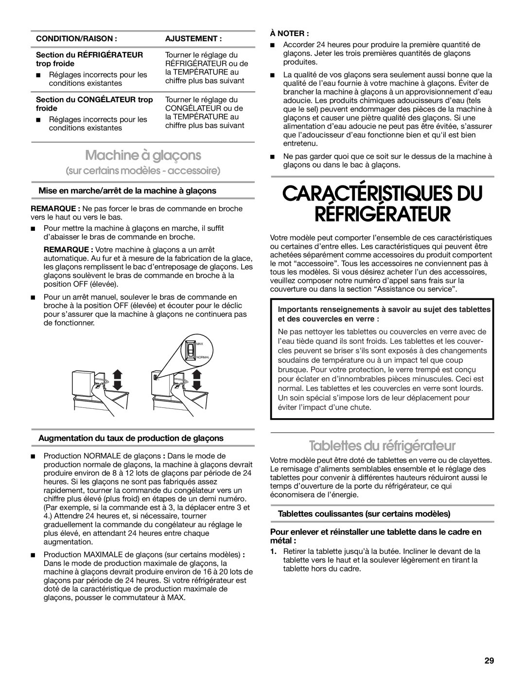 Whirlpool RT21LMXKQ00 manual Caractéristiques DU Réfrigérateur, Machine à glaçons, Tablettes du réfrigérateur 