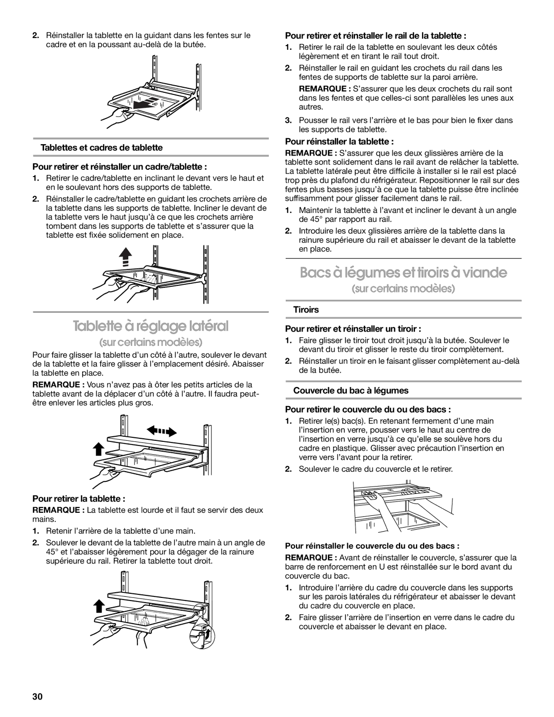 Whirlpool RT21LMXKQ00 manual Tablette à réglage latéral, Bacs à légumes et tiroirs à viande 