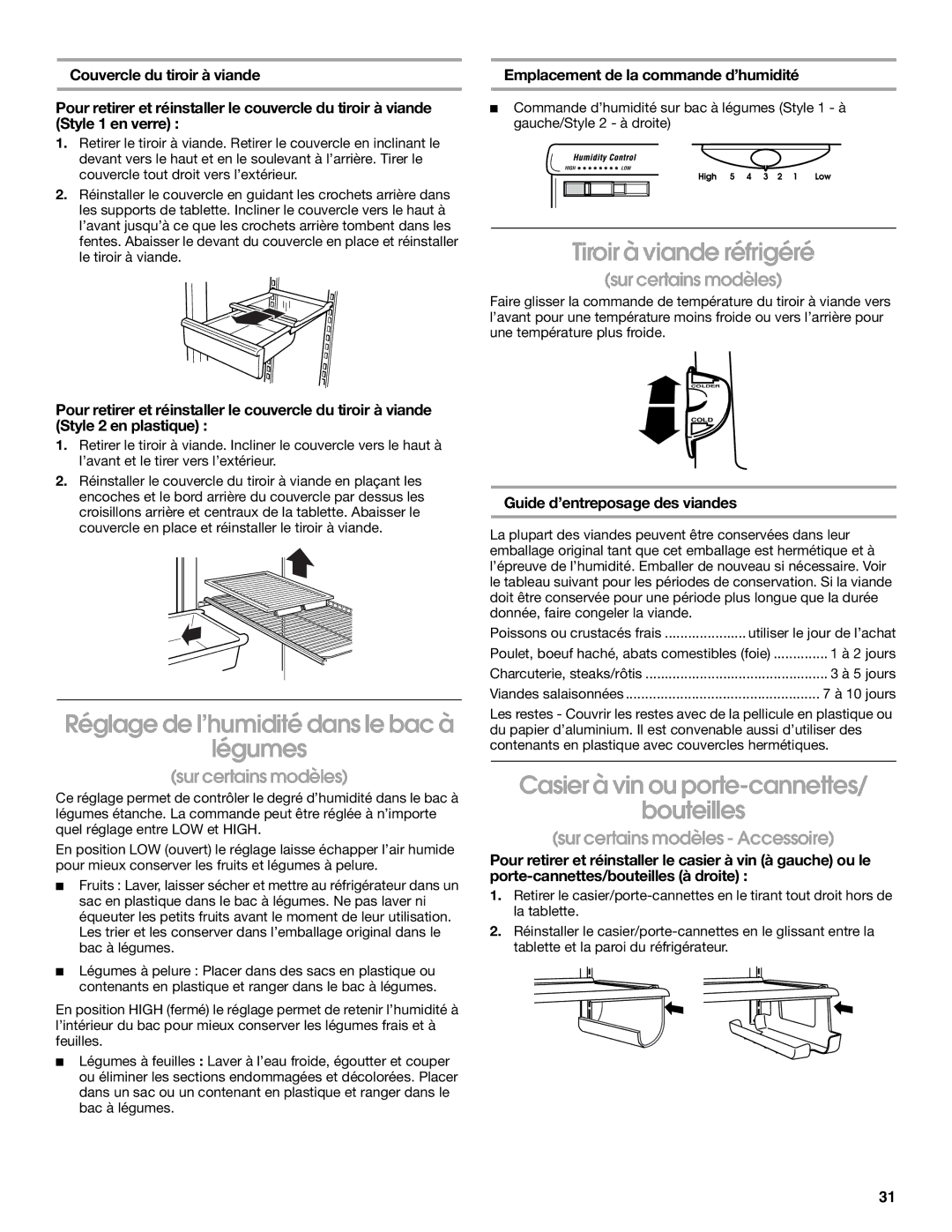 Whirlpool RT21LMXKQ00 manual Tiroir à viande réfrigéré, Réglage de l’humidité dans le bac à Légumes 