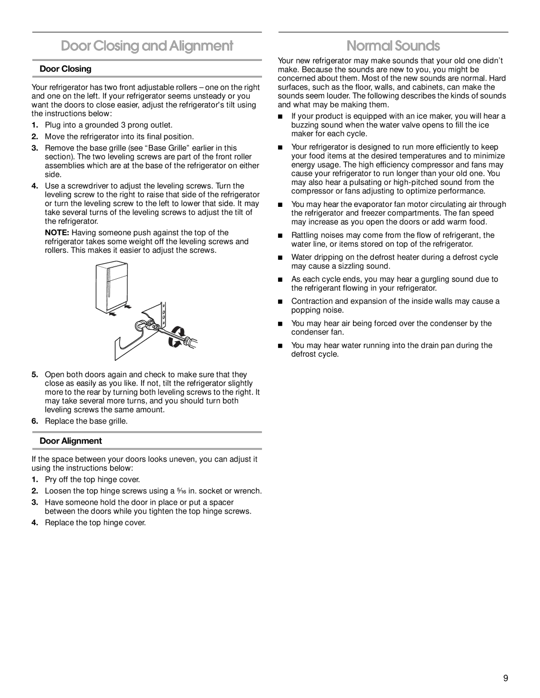 Whirlpool RT21LMXKQ00 manual Door Closing and Alignment, Normal Sounds, Door Alignment 