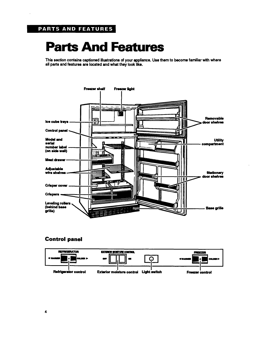 Whirlpool RT25BK warranty Parts And Features, Control panel 