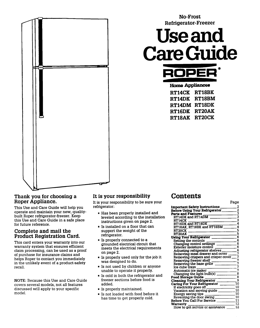 Whirlpool RT16DK, RT2OCK, RTl4CK, RT14DM, RT14DK, RTZOAK, RTl8BM manual Useand CareGuide, Contents 