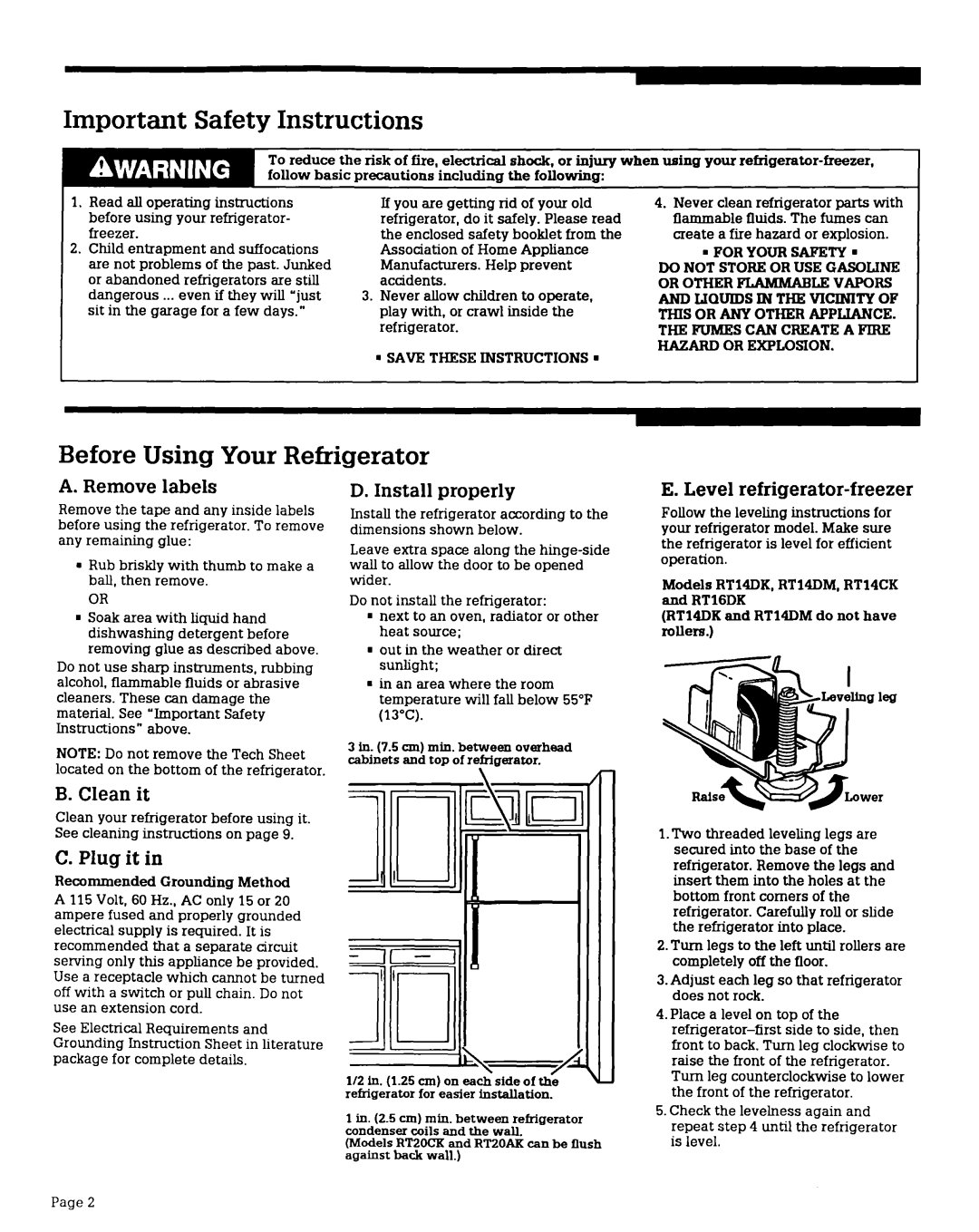 Whirlpool RTl4CK, RT2OCK, RT16DK, RT14DM, RT14DK, RTZOAK, RTl8BM Important Safety Instructions, Before Using Your Refrigerator 