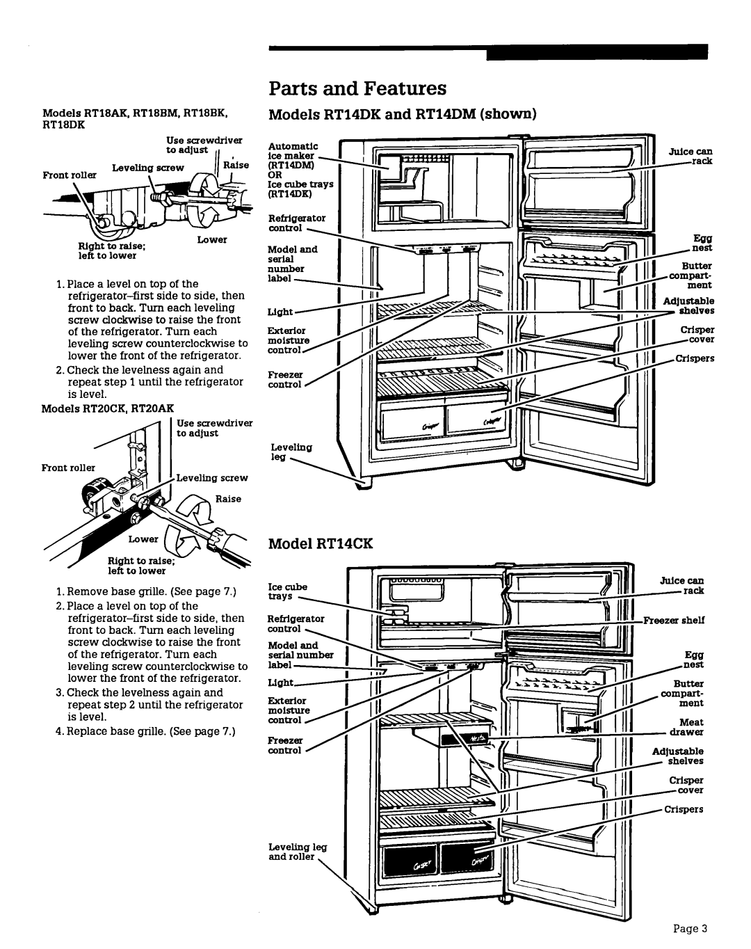 Whirlpool RT14DM, RT2OCK, RT16DK, RTl4CK, RT14DK, RTZOAK, RTl8BM manual Parts and Features, Model RT14CK 