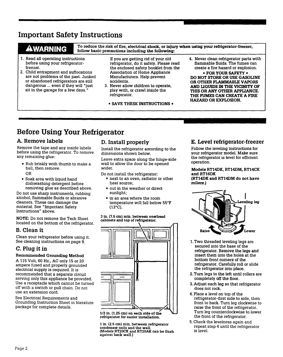 Whirlpool RTl4CK manual Important Safety Instructions, Before Using Your Refrigerator, A. Removelabels, D. Install properly 