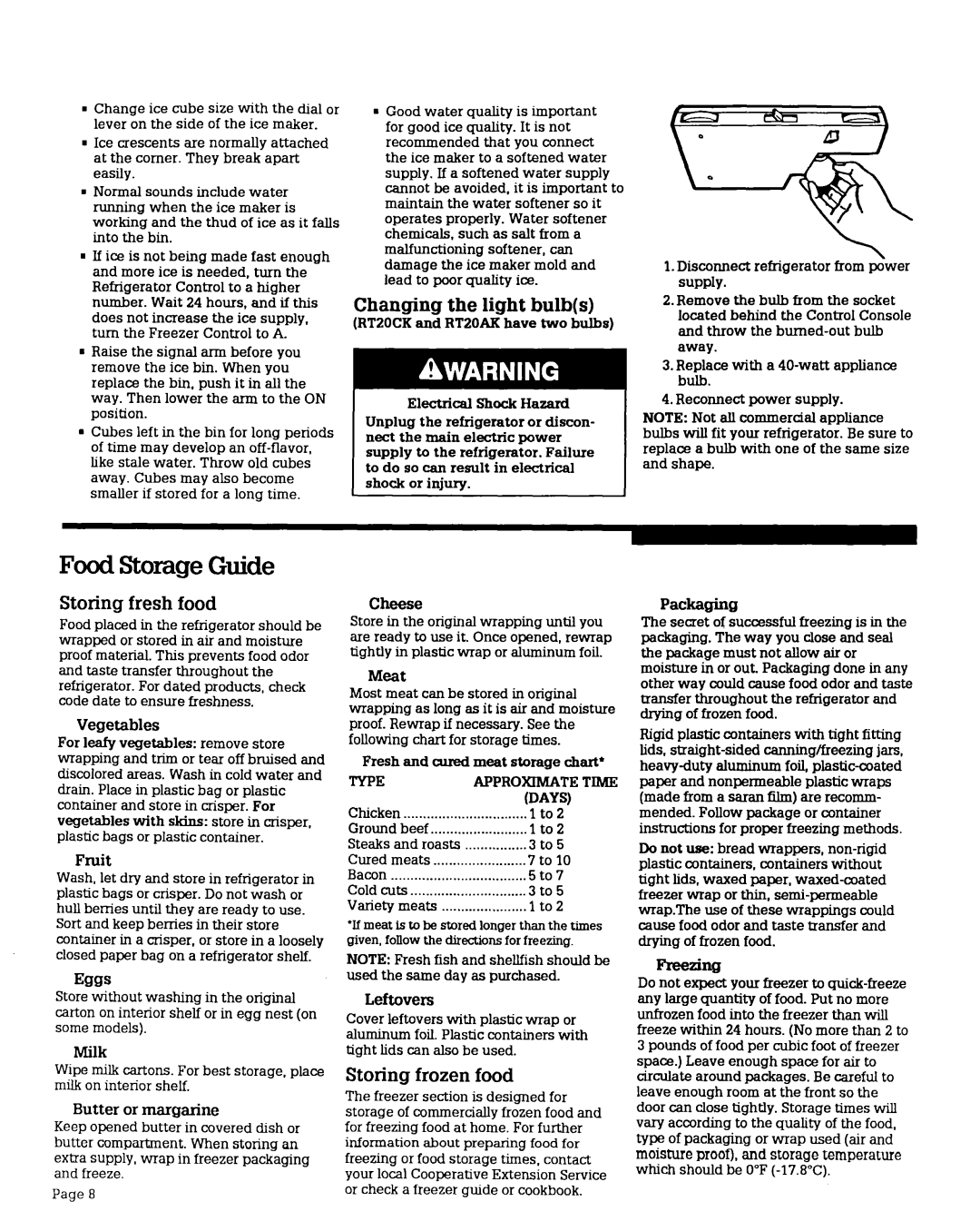 Whirlpool RT16DK, RT2OCK, RTl4CK manual Food Storage Guide, Changing the light bulbs, Storing fresh food, Storing frozen food 