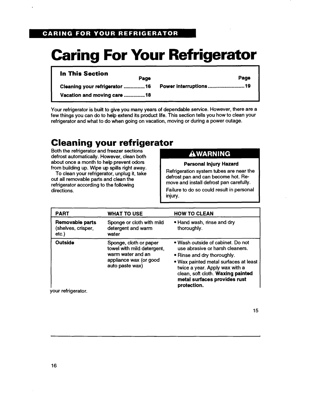 Whirlpool RTIGDK, RT16VK warranty Caring For Your Refrigerator, Part What to USE, HOW to Clean 