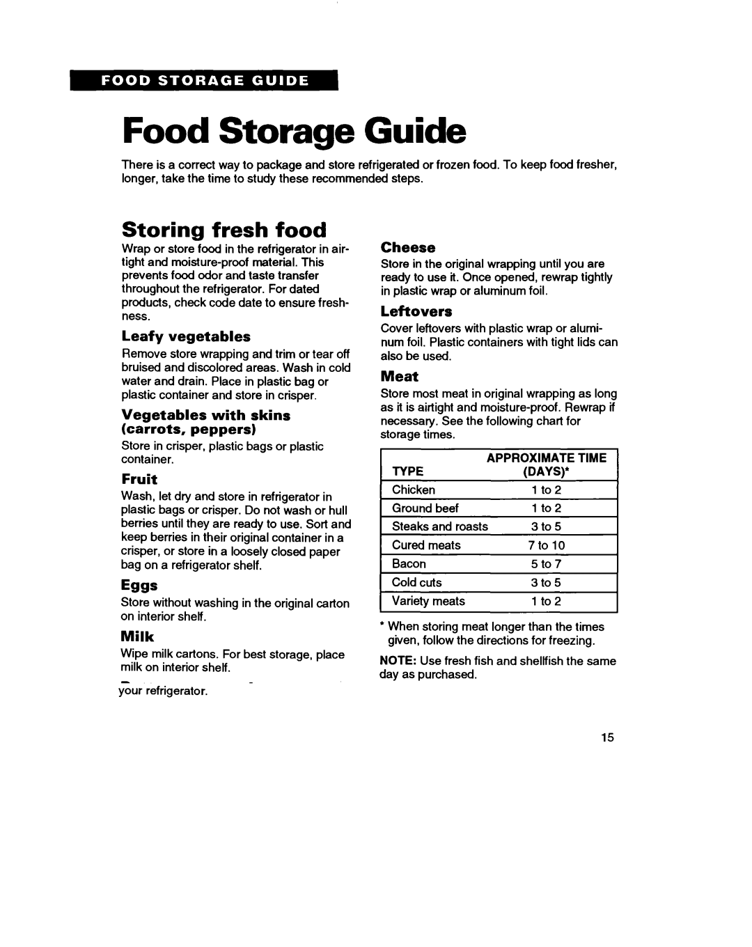 Whirlpool RTIGDK, RT16VK warranty Food Storage Guide, Storing fresh food 