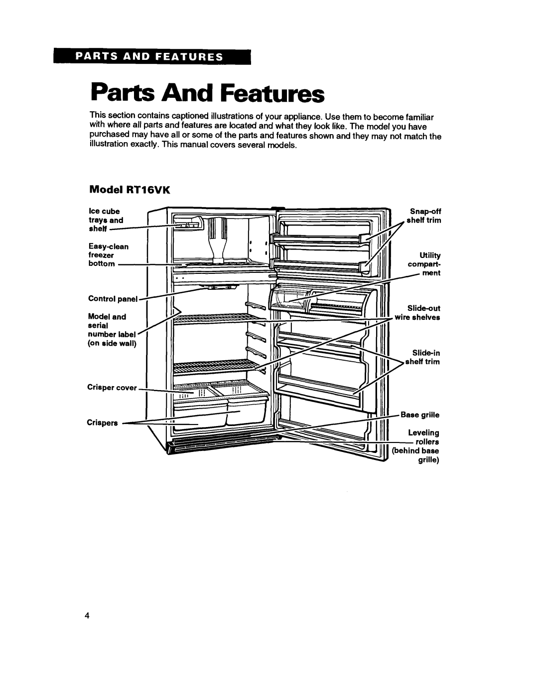 Whirlpool RTIGDK warranty Parts And Features, Model RT16VK 