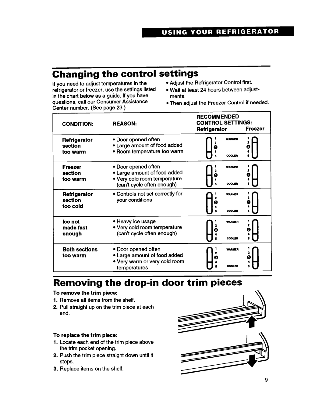 Whirlpool RT16VK, RTIGDK warranty Changing the control, Settings, Removing the drop-in, Door trim pieces 