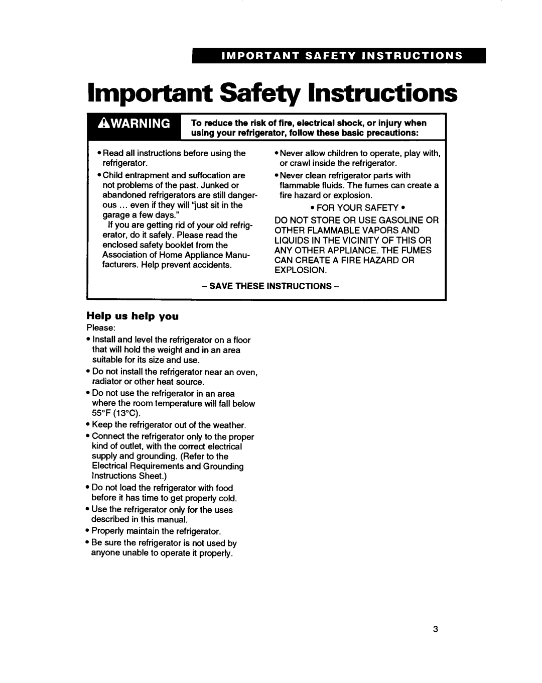 Whirlpool RT16VK, RTIGDK warranty Important Safety Instructions, Help us help you, Save These Instructions 