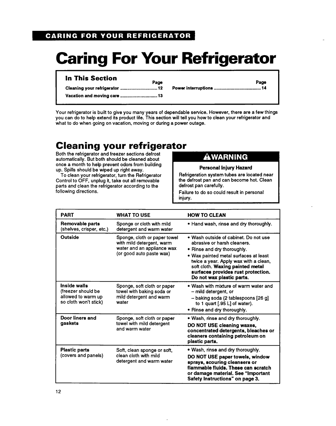 Whirlpool RTIZDK important safety instructions Caring For Your Refrigerator, Cleaning your refrigerator, This Section 