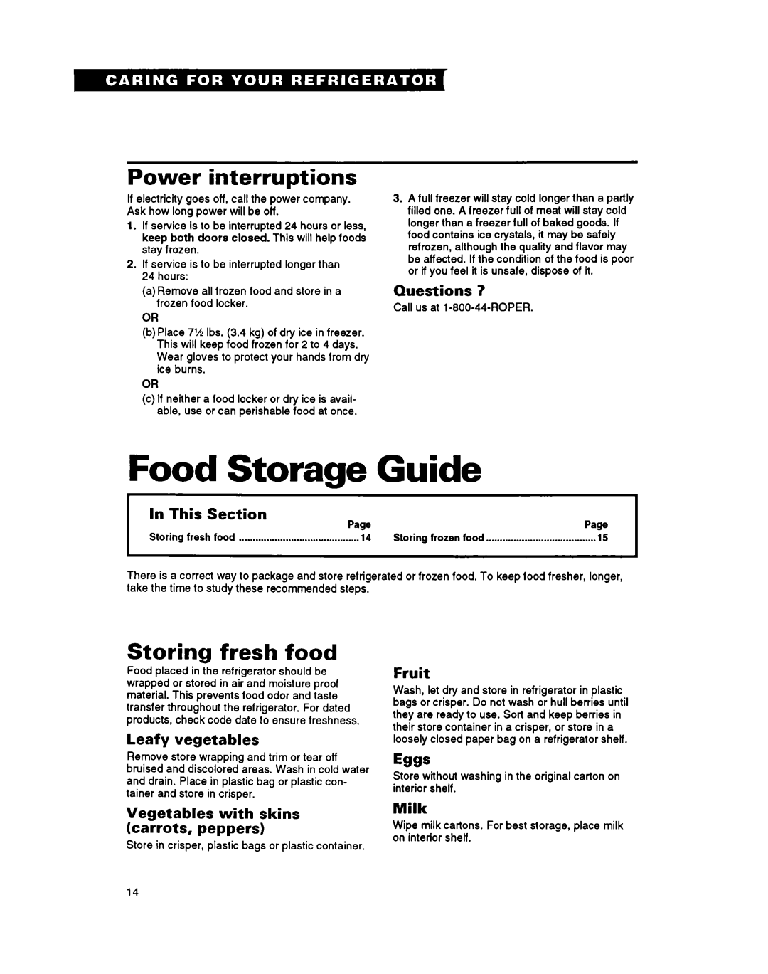 Whirlpool RTIZDK important safety instructions Food Storage Guide, Power interruptions, Storing fresh food 