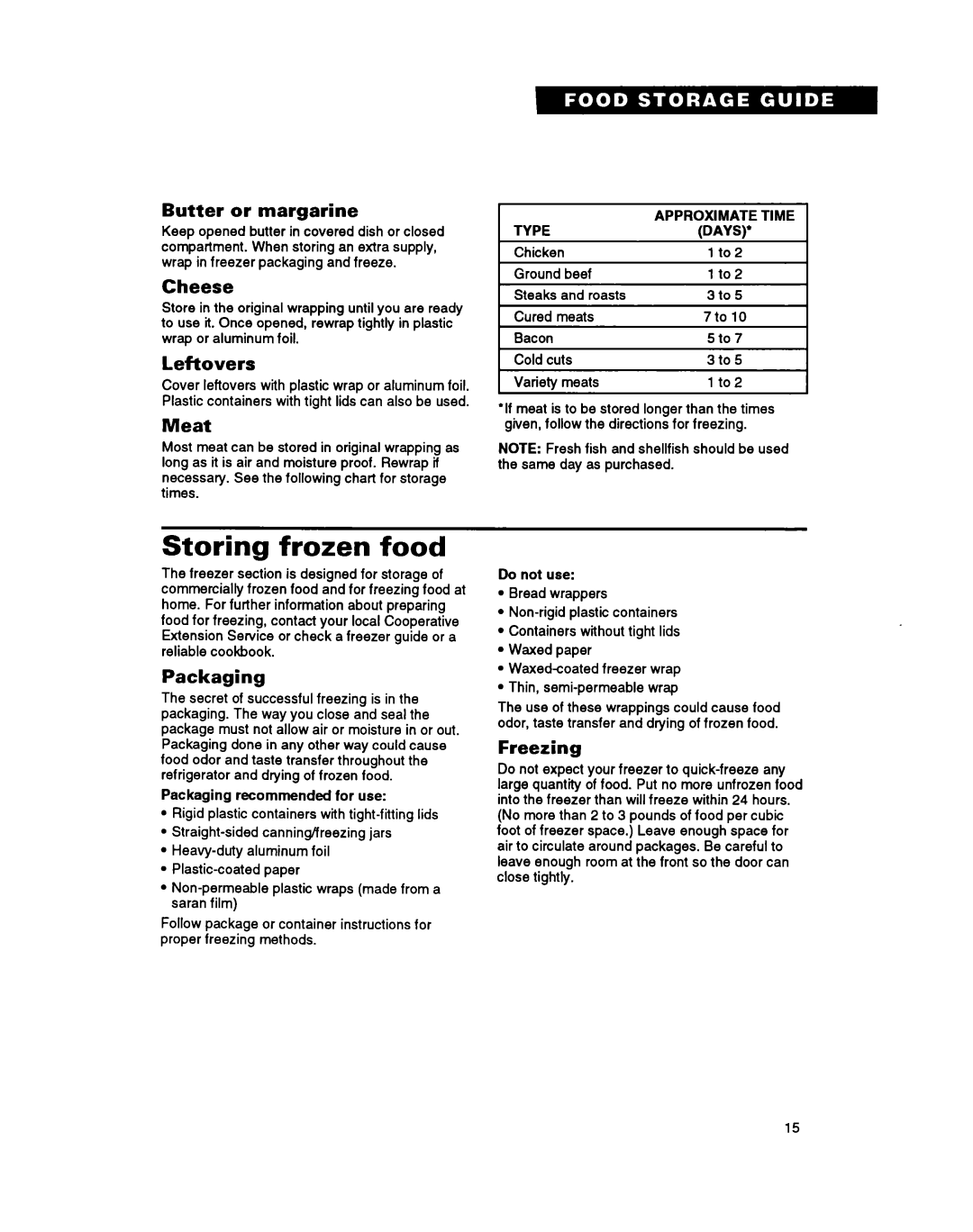 Whirlpool RTIZDK important safety instructions Storing frozen food 