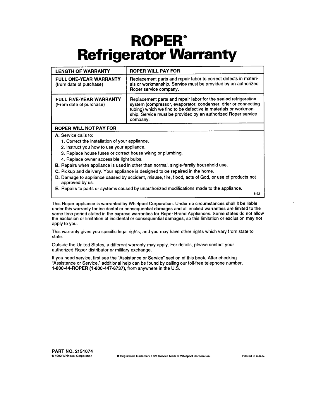 Whirlpool RTIZDK important safety instructions ROPER” Refrigerator Warranty 