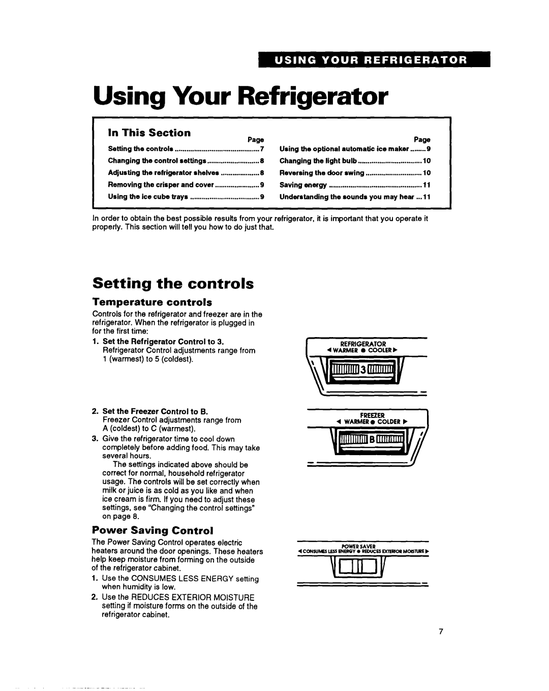 Whirlpool RTIZDK Using Your Refrigerator, Setting the controls, In This, Temperature controls, Power Saving Control, Page 