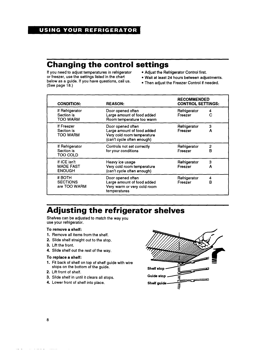 Whirlpool RTIZDK important safety instructions Changing the control, settings, Adjusting the refrigerator shelves 