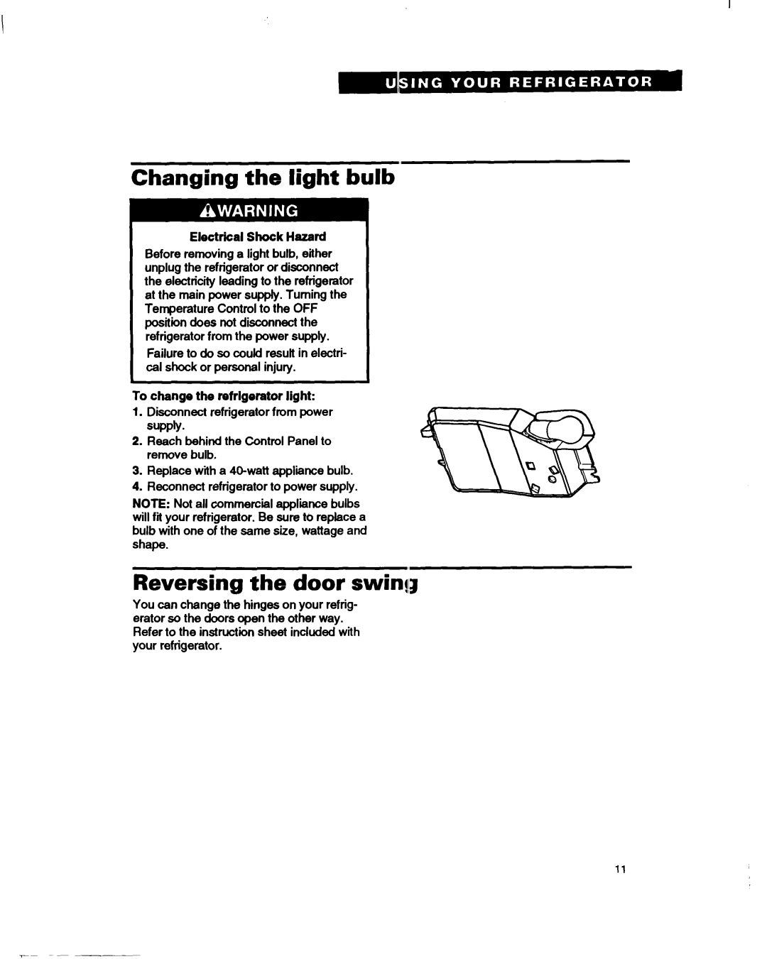 Whirlpool RT14HK, RTl4GD Changing the light bulb, Reversing the door swing, Electrical Shock Hazard 