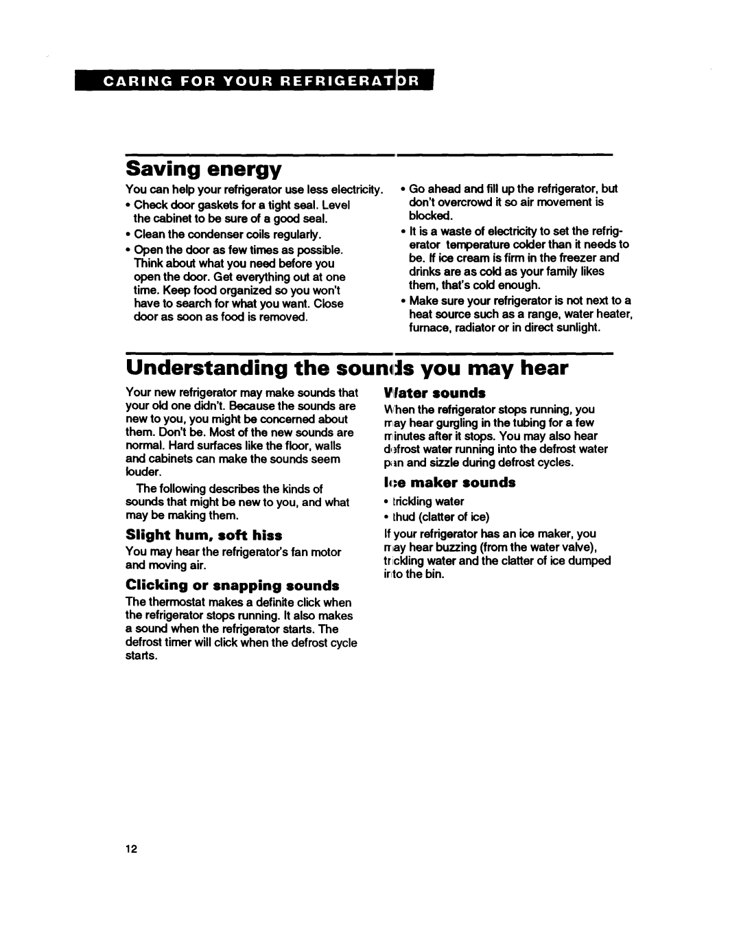 Whirlpool RTl4GD, RT14HK important safety instructions Saving energy, Understanding the sounds you may hear 