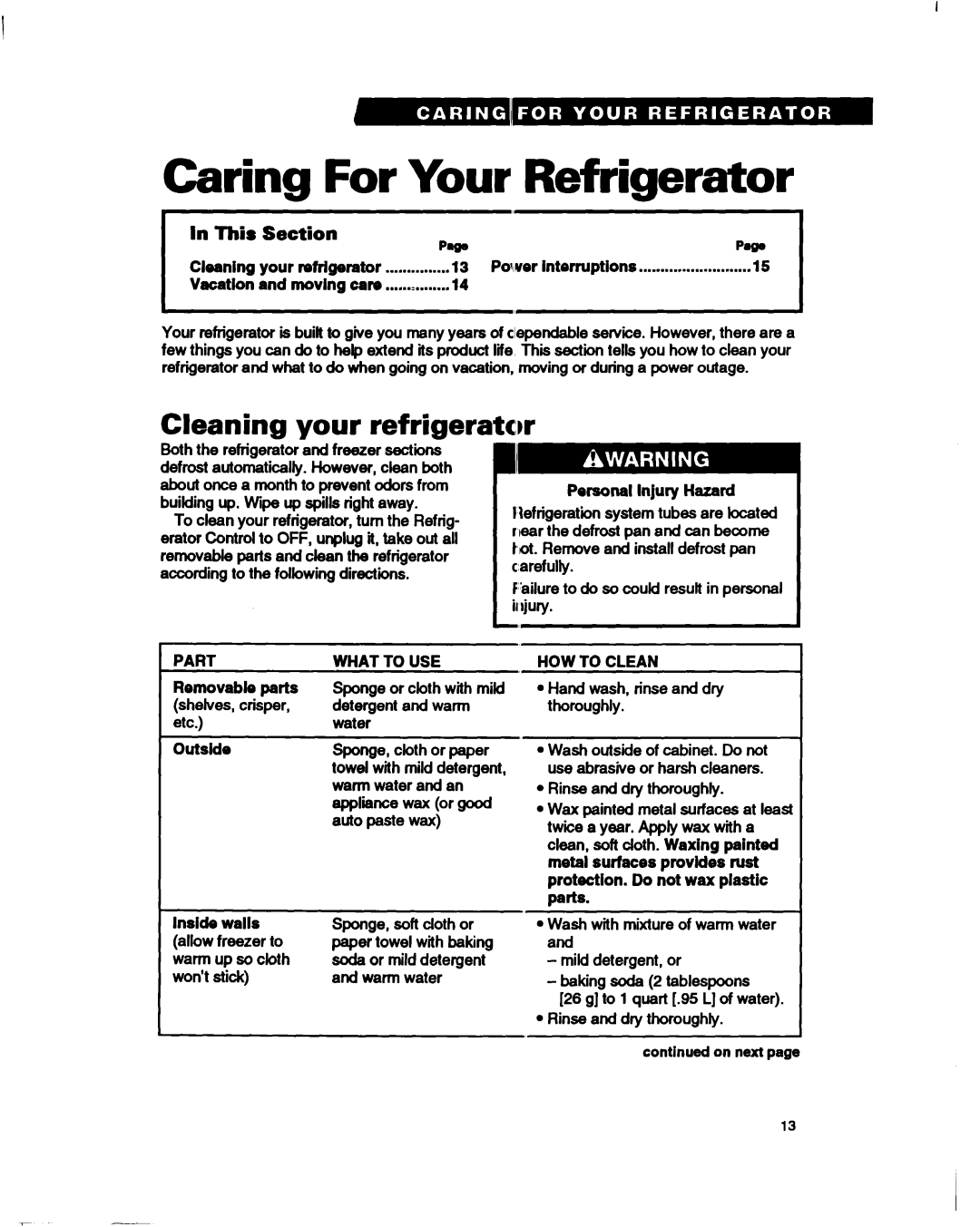 Whirlpool RT14HK, RTl4GD important safety instructions Caring For Your Refrigerator, Part What to USE, HOW to Clean 