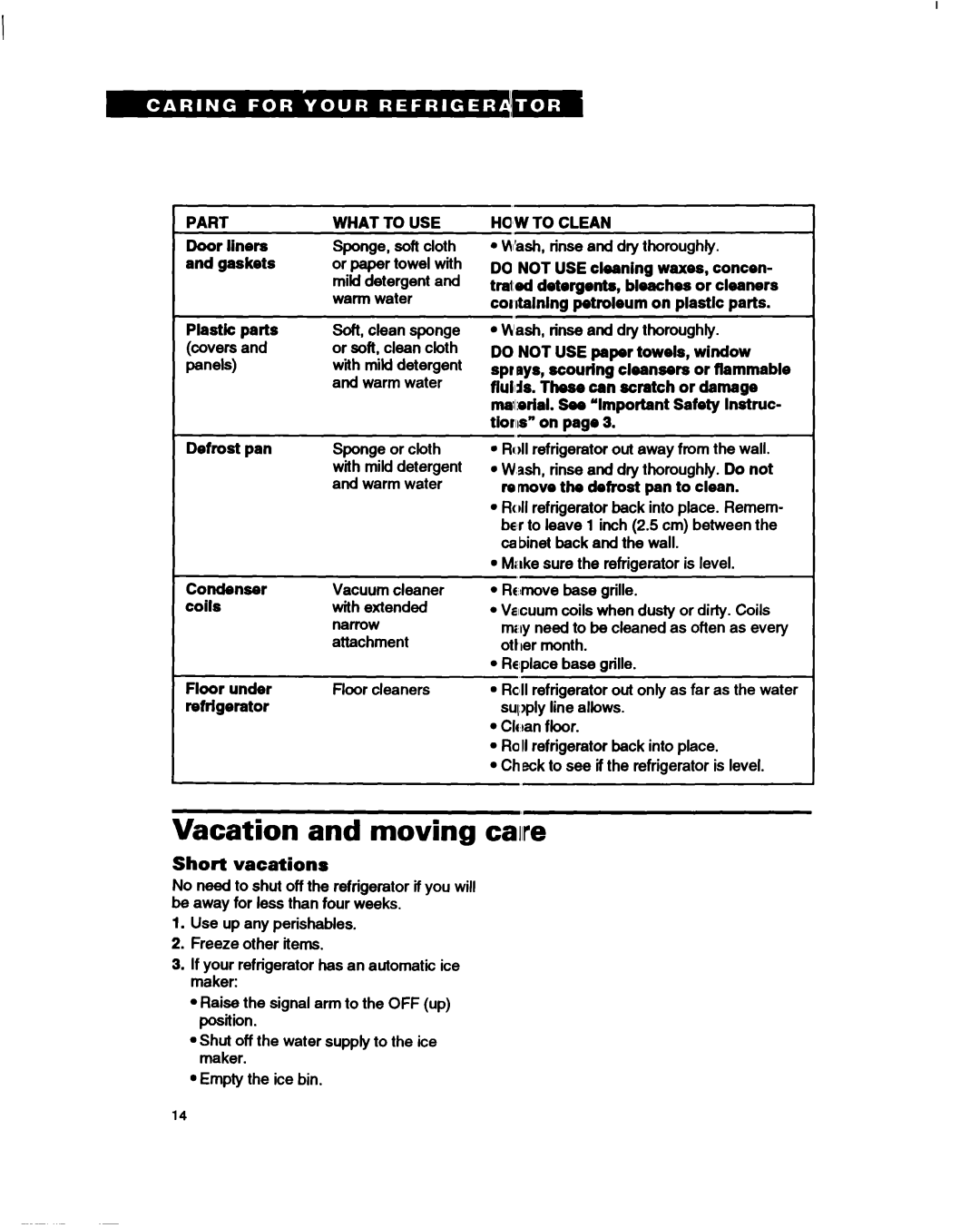 Whirlpool RTl4GD, RT14HK important safety instructions Vacation and moving care, Short vacations, HO’WTO Clean 